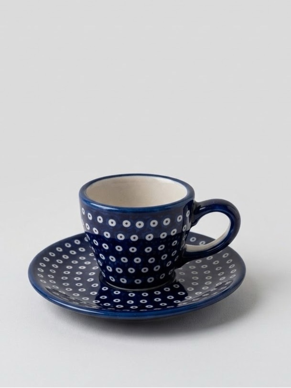 Polish Pottery Manufaktura Boleslawiec Espresso Cup Saucer Peacock Eye UNIKAT